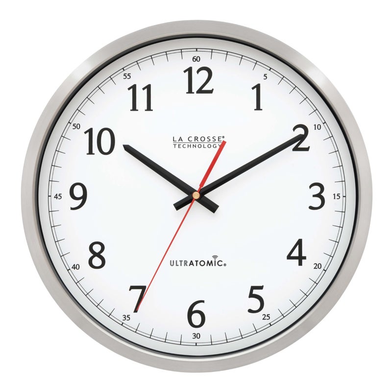 La Crosse Technology 404-1235UA-PL UltrAtomic 14 inch Stainless Steel Wall Clock, Shatterproof Lens, Silver - Image 1
